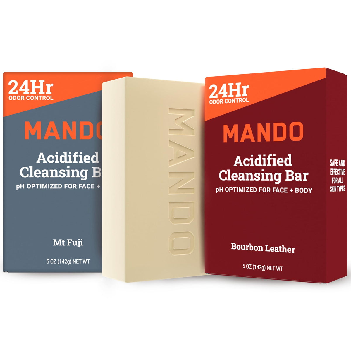 Mando front packaging showing Bourbon Leather & Mt Fuji scent and benefits