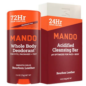Mando front packaging of two-piece deodorant system showing product benefits