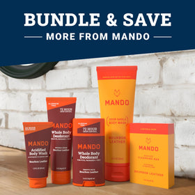 Mando on bathroom shelf lifestyle shot suggesting daily grooming routine