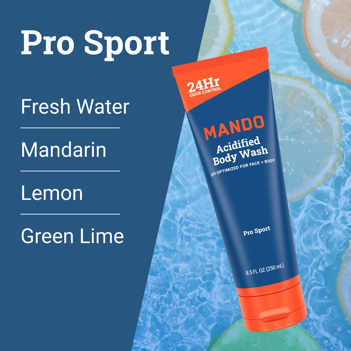 Mando being used in shower highlighting cleansing and odor control benefits