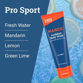 Mando being used in shower highlighting cleansing and odor control benefits