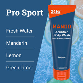 Mando bottle in hand for scale, illustrating compact 8.5-ounce travel-friendly size