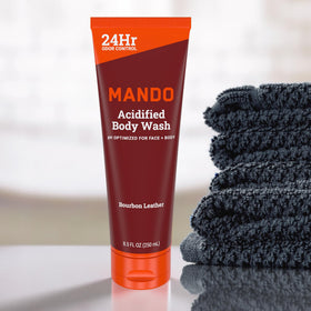 Two-pack packaging of Mando body wash indicating value and backup supply
