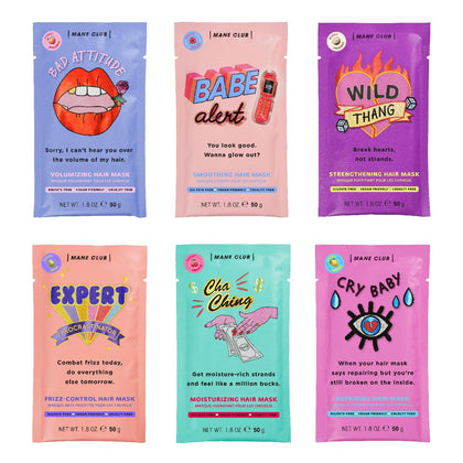 MANE CLUB front packaging showing six-conditioner pots and convenience