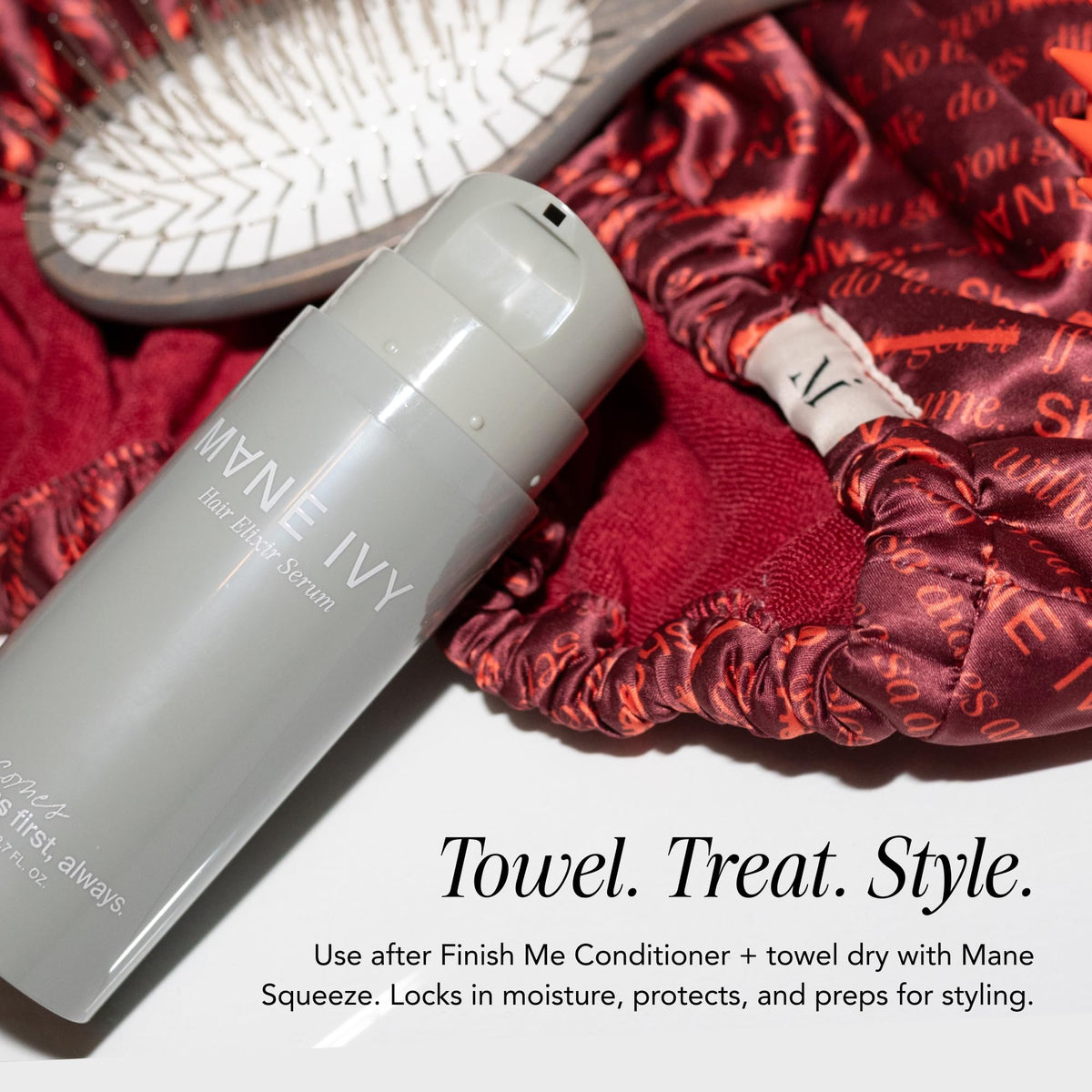 MANE IVY bottle on bathroom vanity styled with towels conveying daily routine benefit