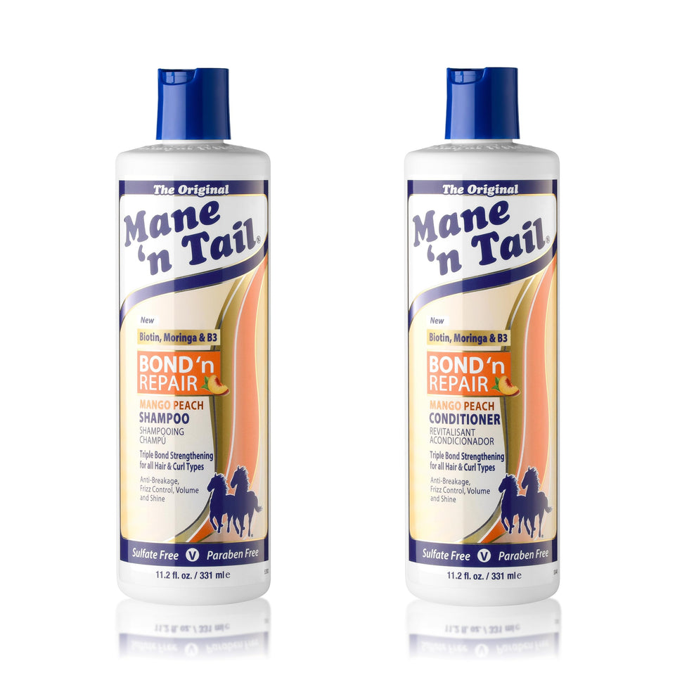 Mane ’n Tail front packaging of shampoo and conditioner showing product benefits
