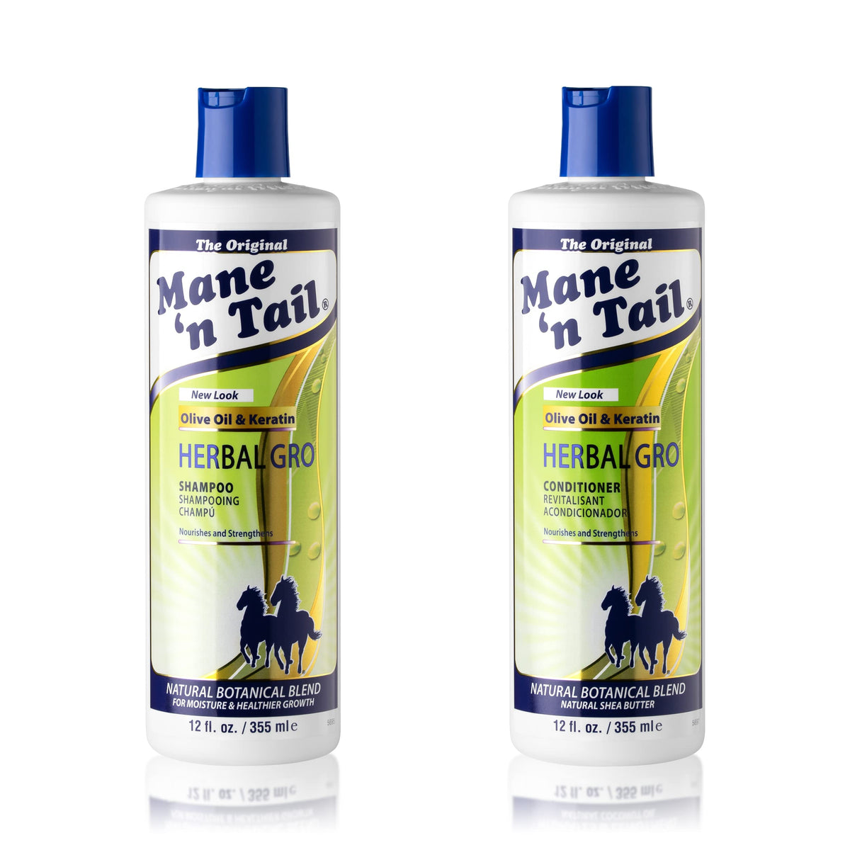 Mane 'n Tail front bottles showing full-size 12 oz set and clarity benefit