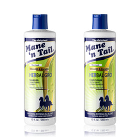 Mane 'n Tail front bottles showing full-size 12 oz set and clarity benefit