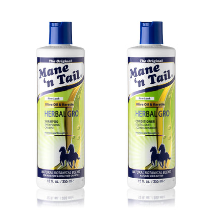 Mane 'n Tail front bottles showing full-size 12 oz set and clarity benefit