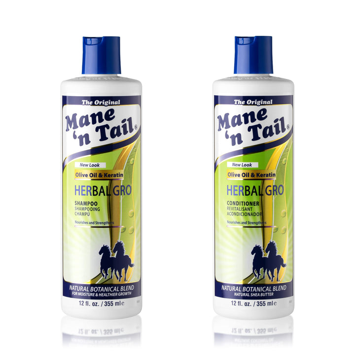 Mane 'n Tail front bottles showing full-size 12 oz set and clarity benefit