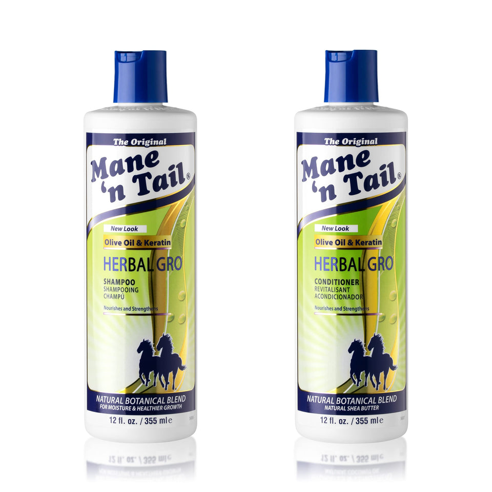 Mane 'n Tail front bottles showing full-size 12 oz set and clarity benefit