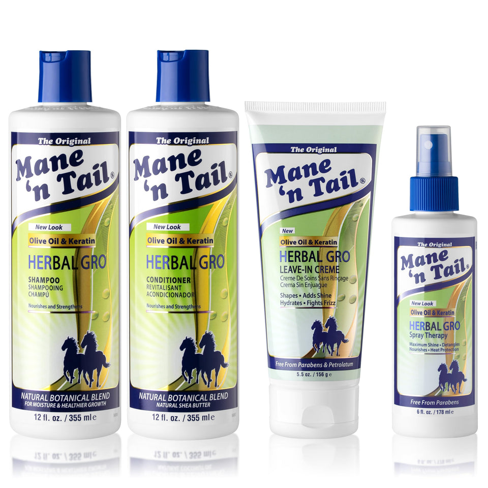 Mane 'n Tail front packaging of Herbal Gro 4pc kit showing full set and easy routine
