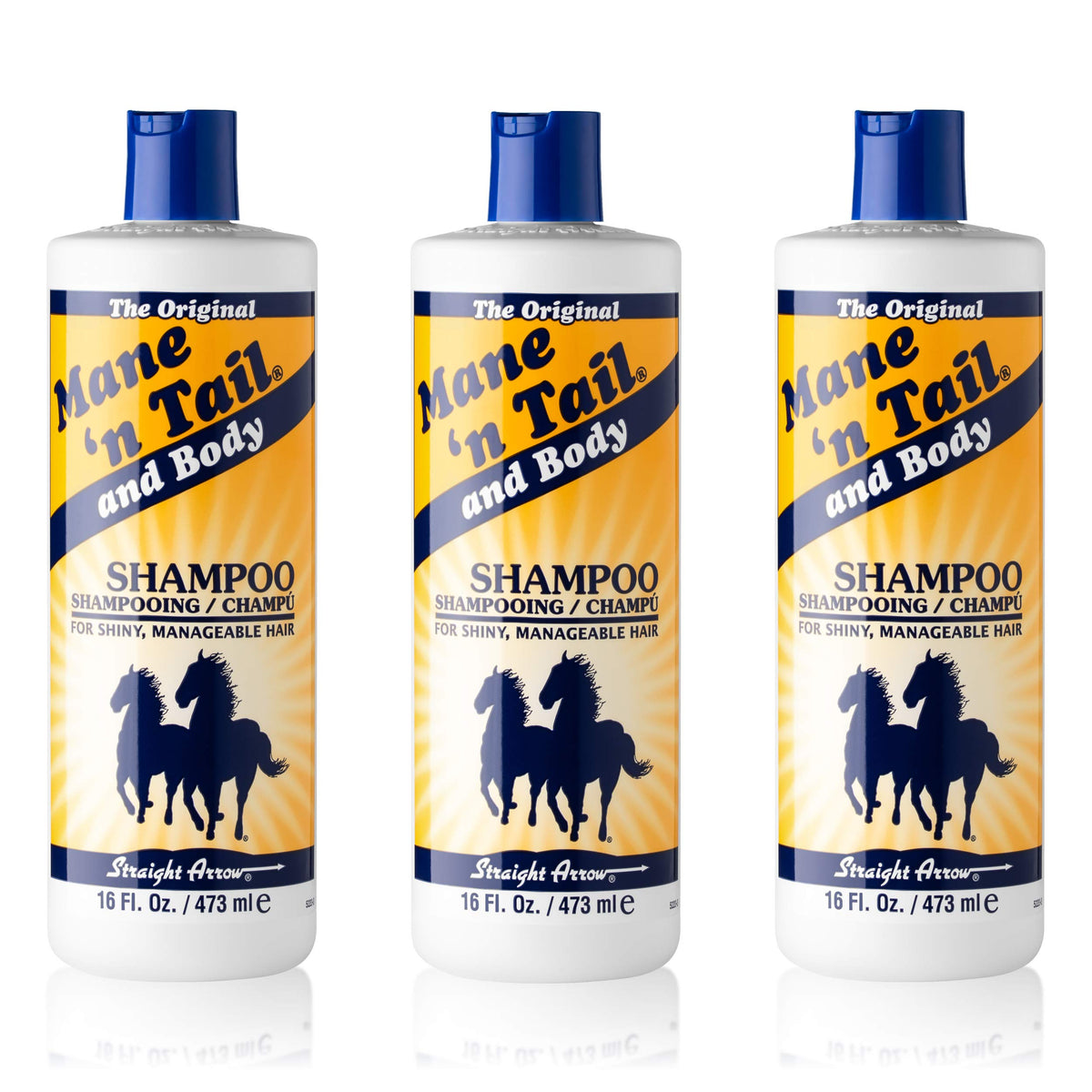 Mane 'n Tail front packaging showing three 16 oz bottles and clear benefits