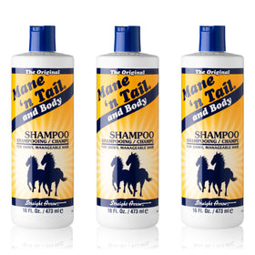 Mane 'n Tail front packaging showing three 16 oz bottles and clear benefits