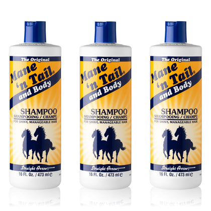 Mane 'n Tail front packaging showing three 16 oz bottles and clear benefits