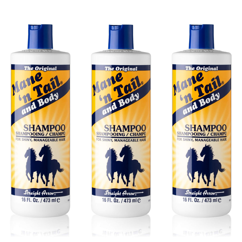 Mane 'n Tail front packaging showing three 16 oz bottles and clear benefits