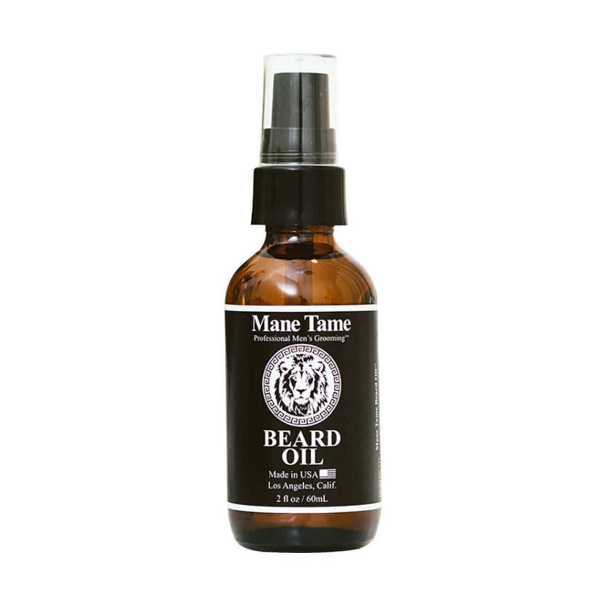 Mane Tame amber pump bottle front view showing sleek packaging and spill-proof benefit