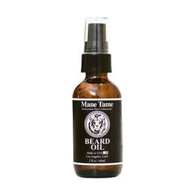 Mane Tame amber pump bottle front view showing sleek packaging and spill-proof benefit