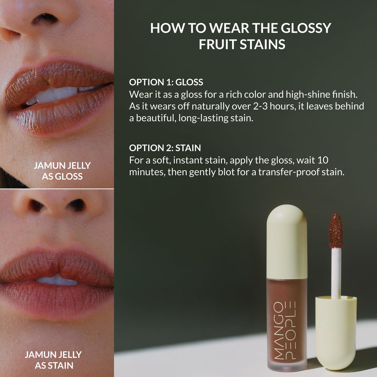 Mango People lips close-up demonstrating glossy-to-stain transformation benefit