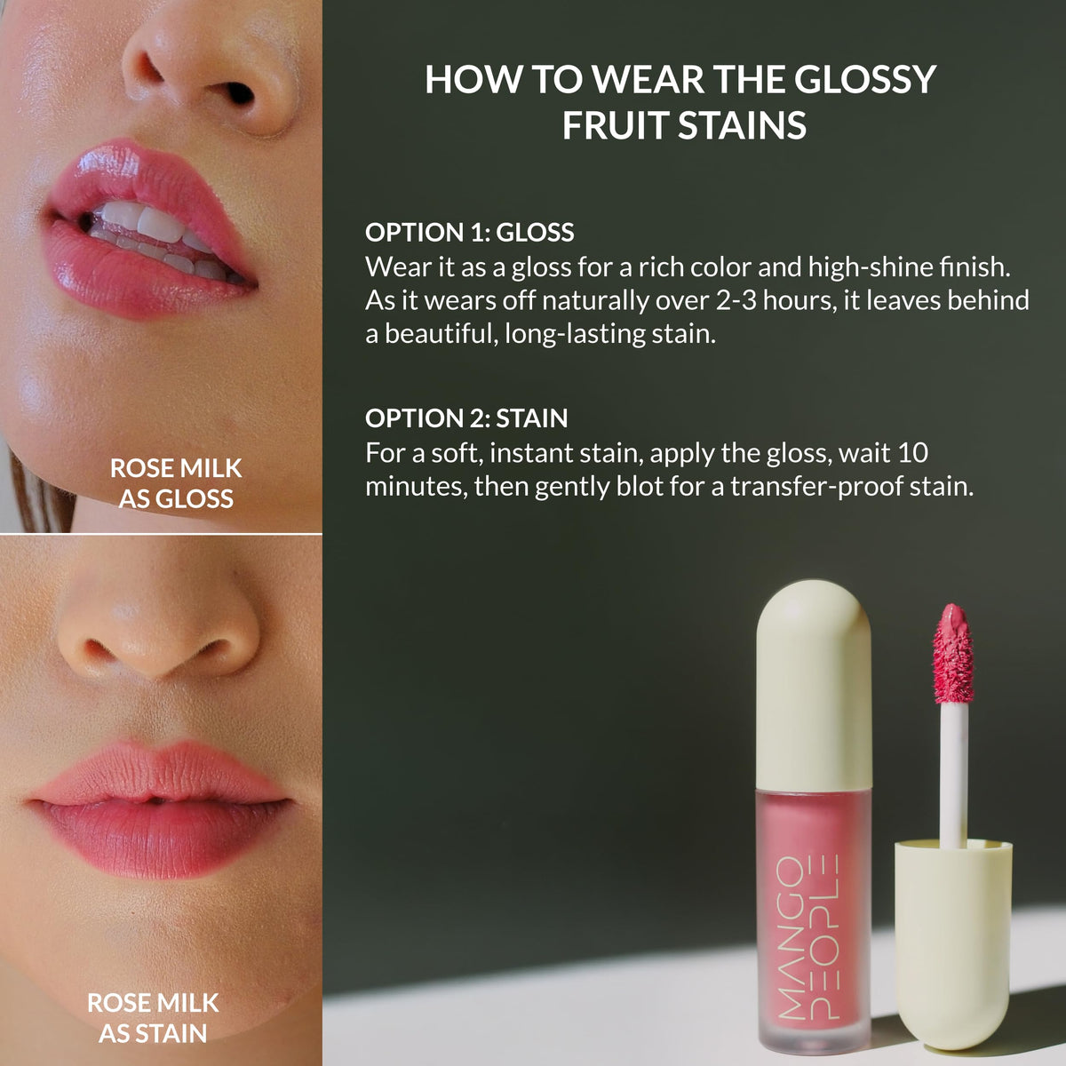 Mango People stain comparison showing initial gloss and lasting tint benefit