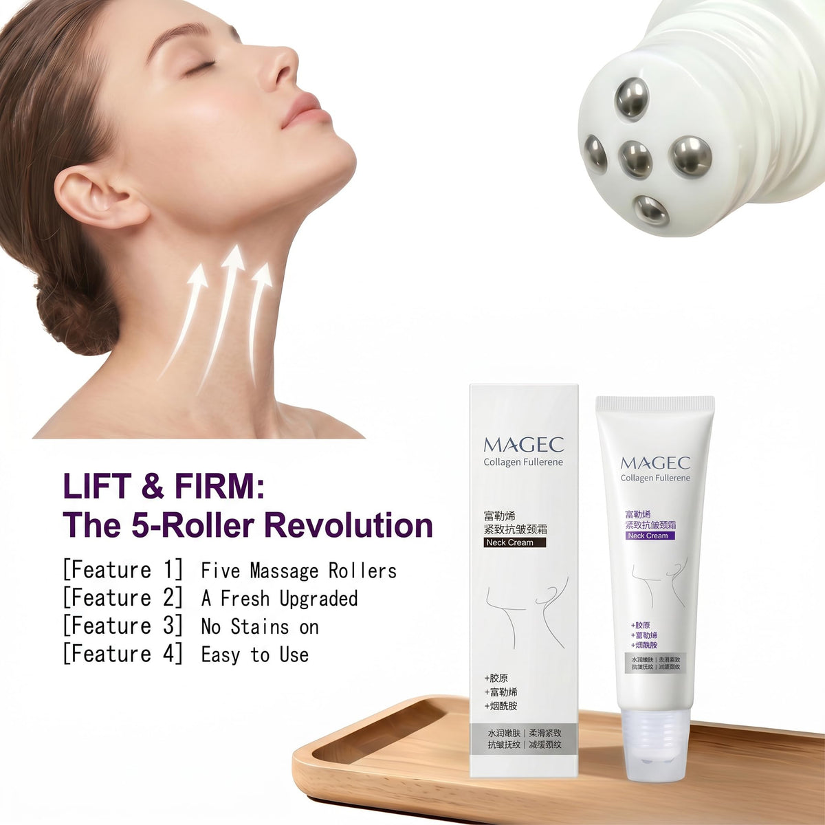 Person using Manoai roller on neck illustrating easy upward massage benefit