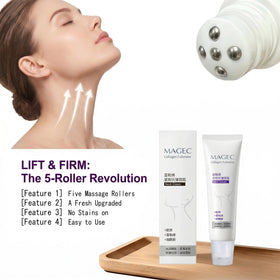 Person using Manoai roller on neck illustrating easy upward massage benefit