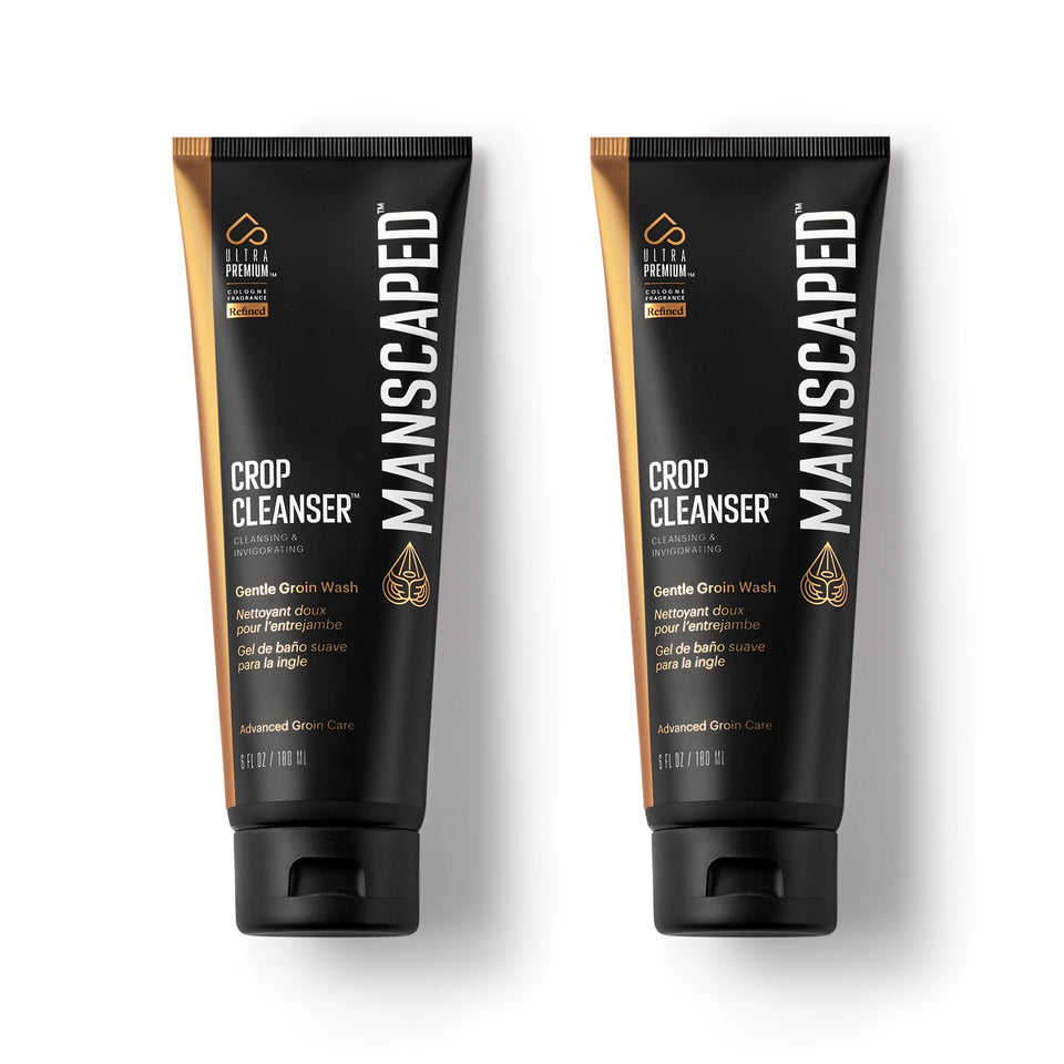 MANSCAPED front packaging showing Crop Cleanser 6oz bottles and clear labeling for grooming