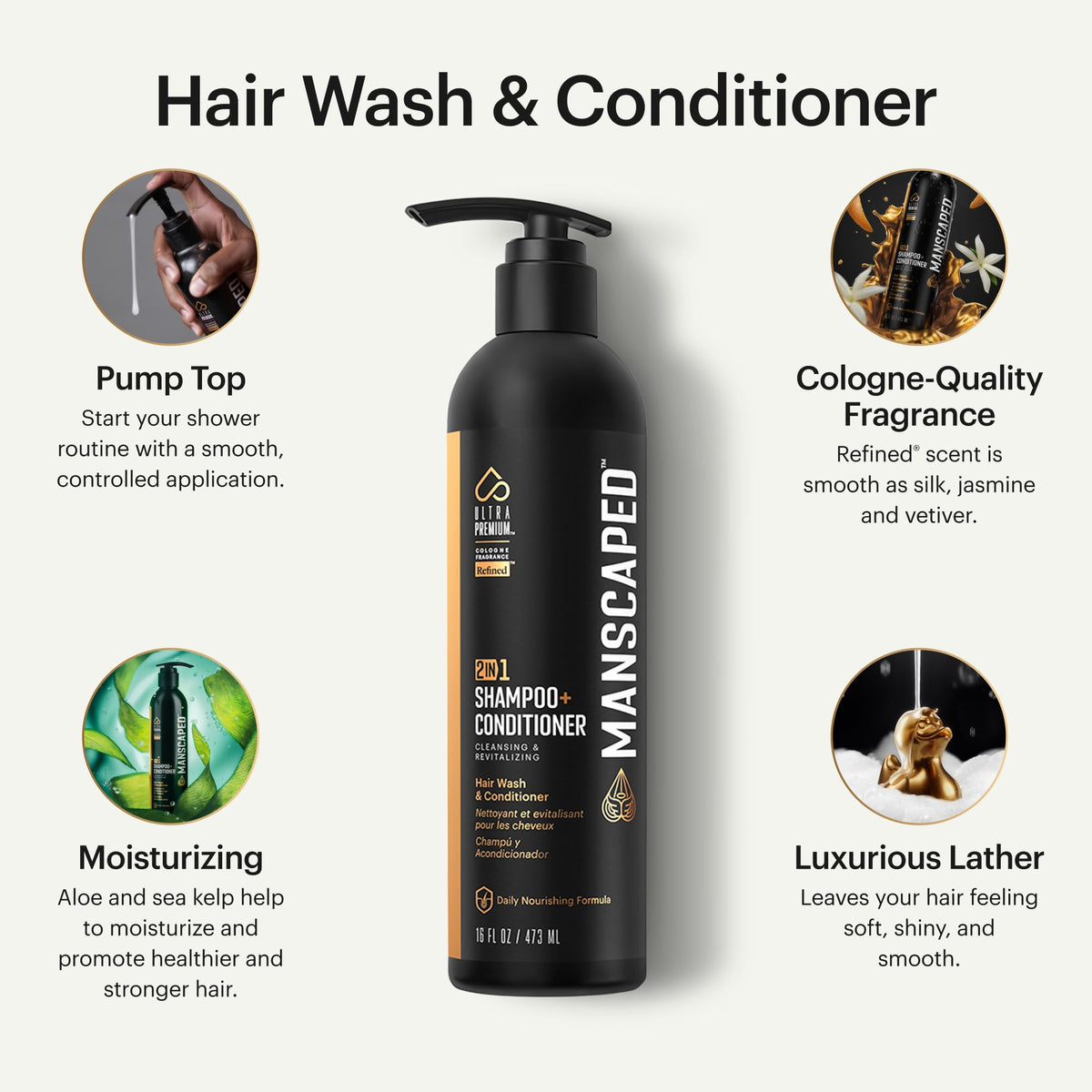MANSCAPED bottle label close-up highlighting ingredients and premium scent benefit