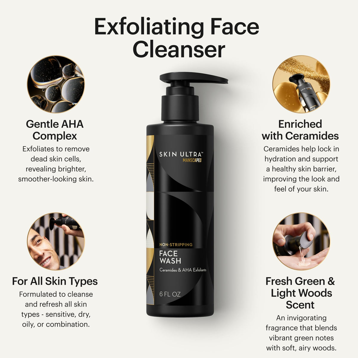 MANSCAPED exfoliating face wash pump close-up and gentle cleansing