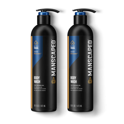 MANSCAPED front packaging showing two 16 oz bottles and Persevere label, clear benefit visible