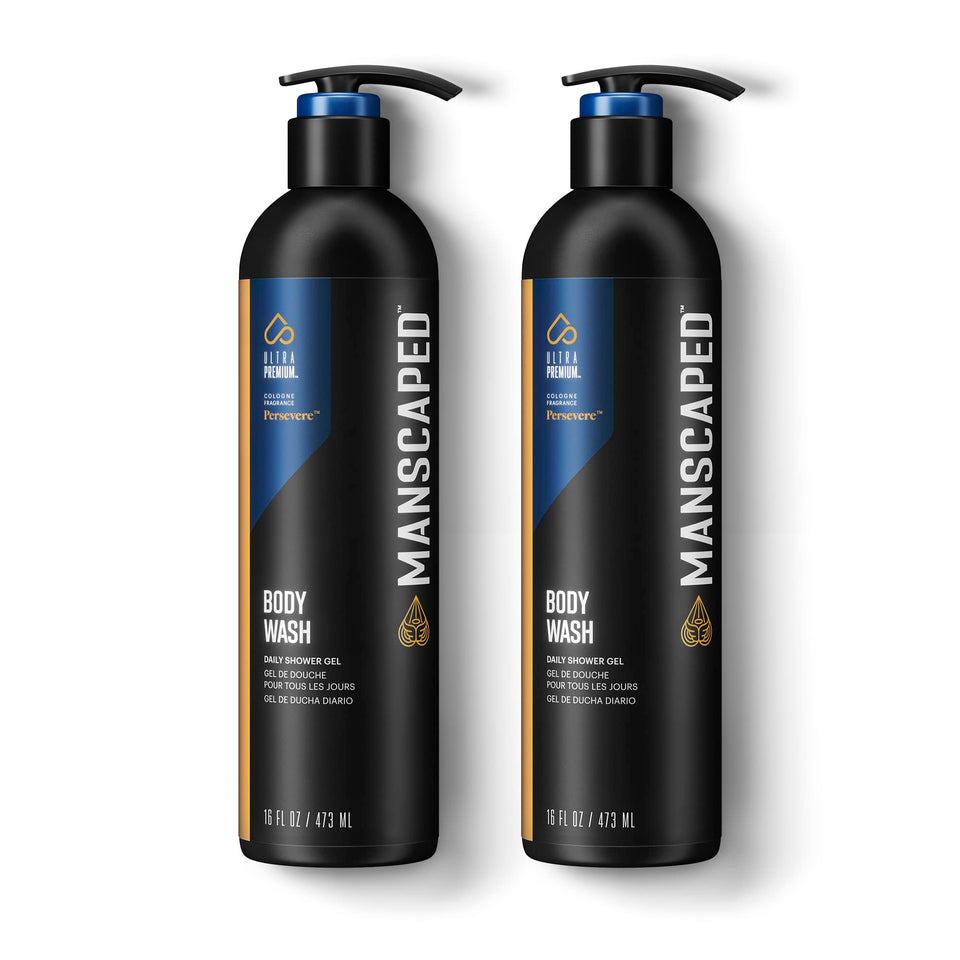 MANSCAPED front packaging showing two 16 oz bottles and Persevere label, clear benefit visible