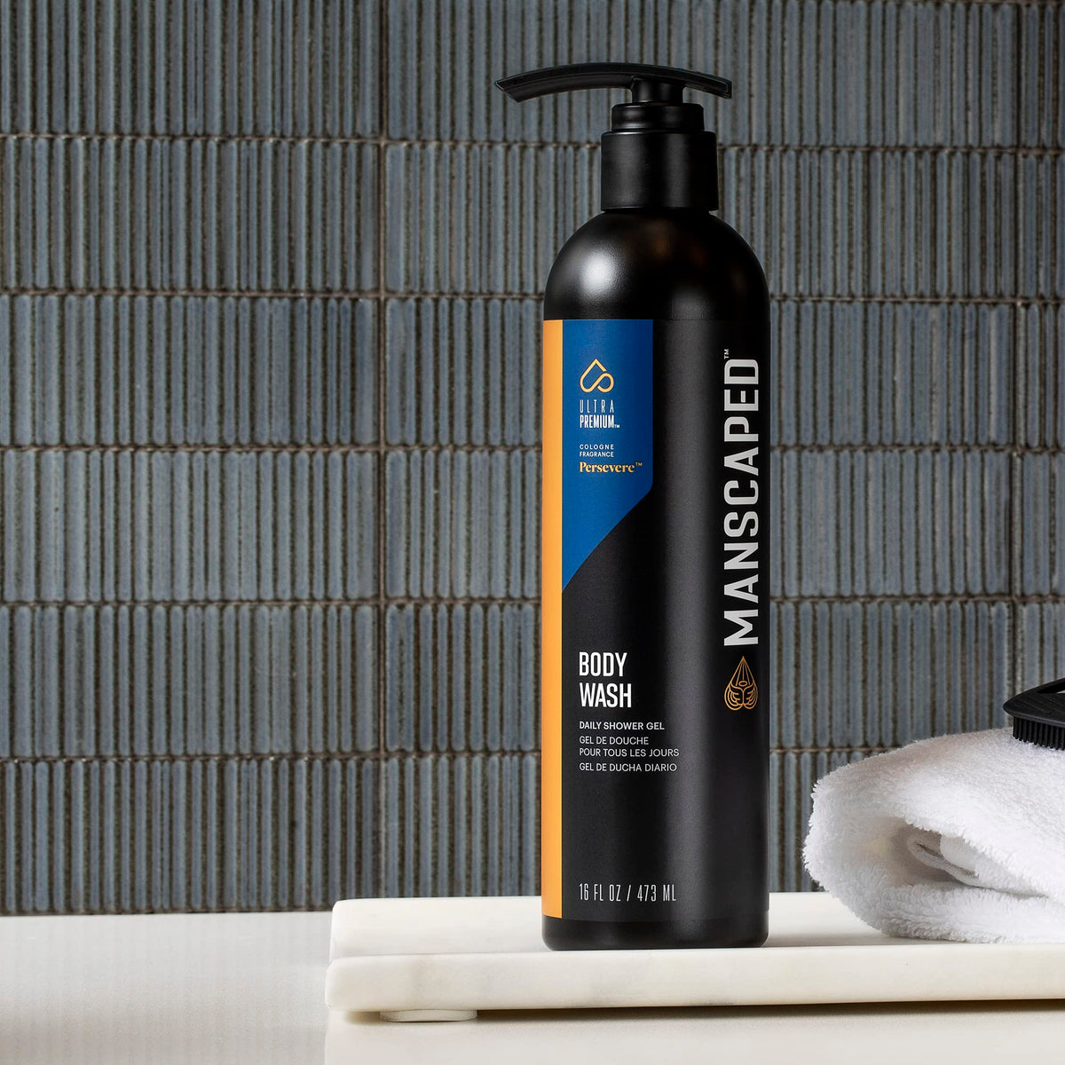 MANSCAPED rich lather texture on washcloth, highlights moisturizing foam and cleansing power