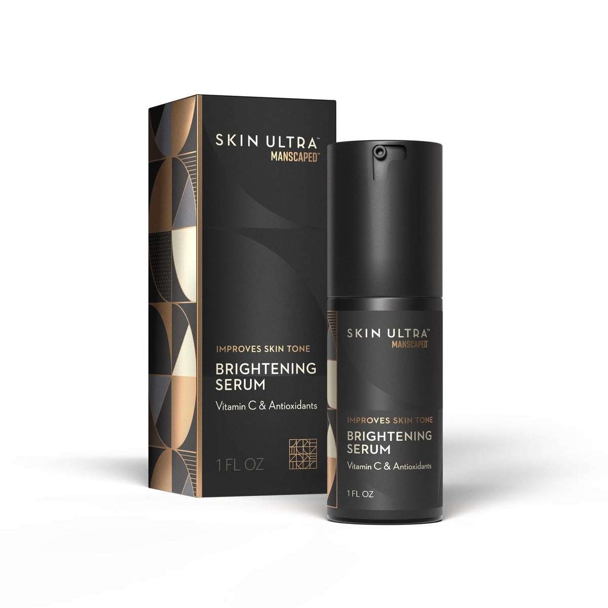 MANSCAPED front packaging showing brightening serum and benefits
