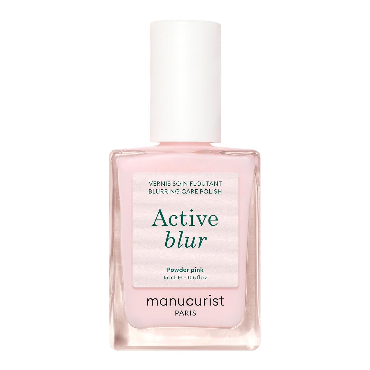 Manucurist bottle front view showing powder-pink matte shade and benefits