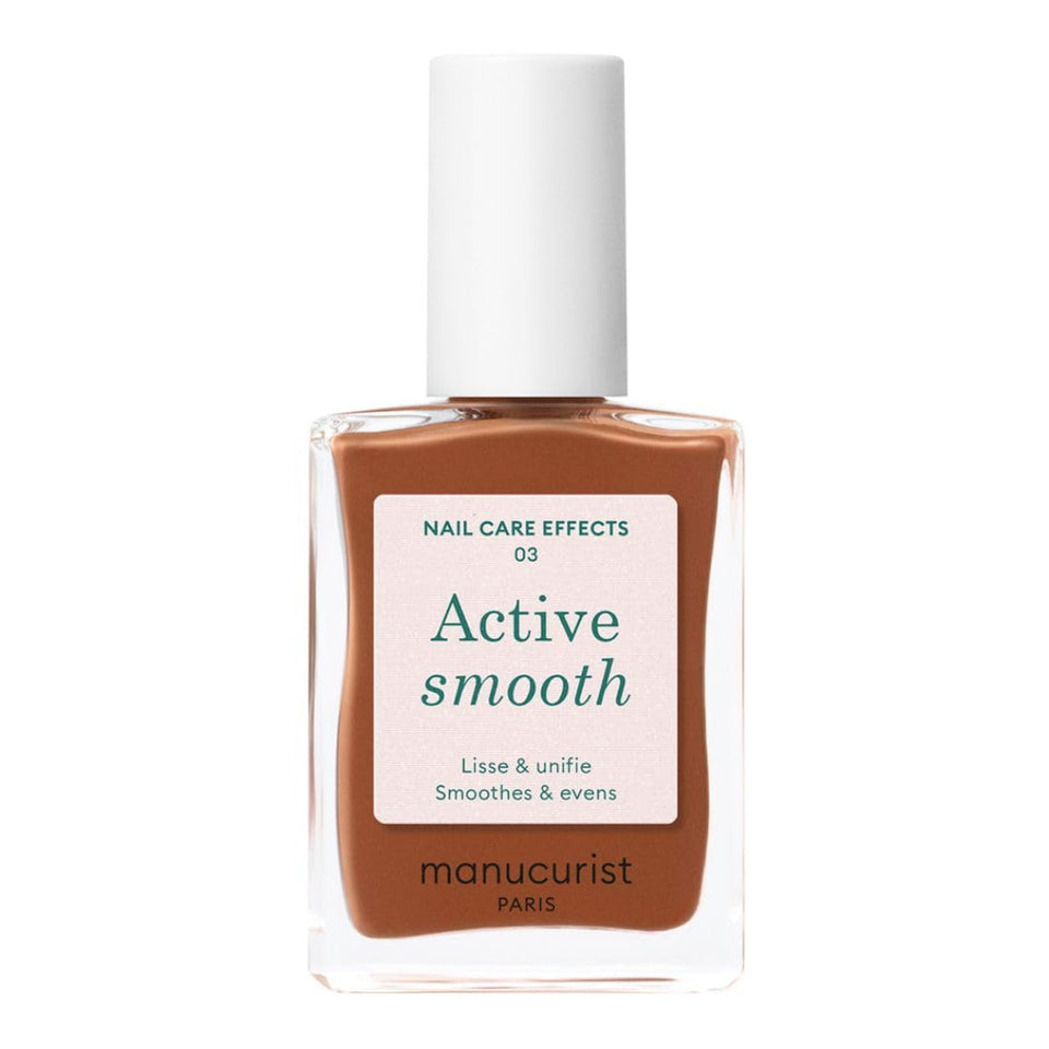 Manucurist bottle front view showing bronze-tinted nail polish and compact design benefit