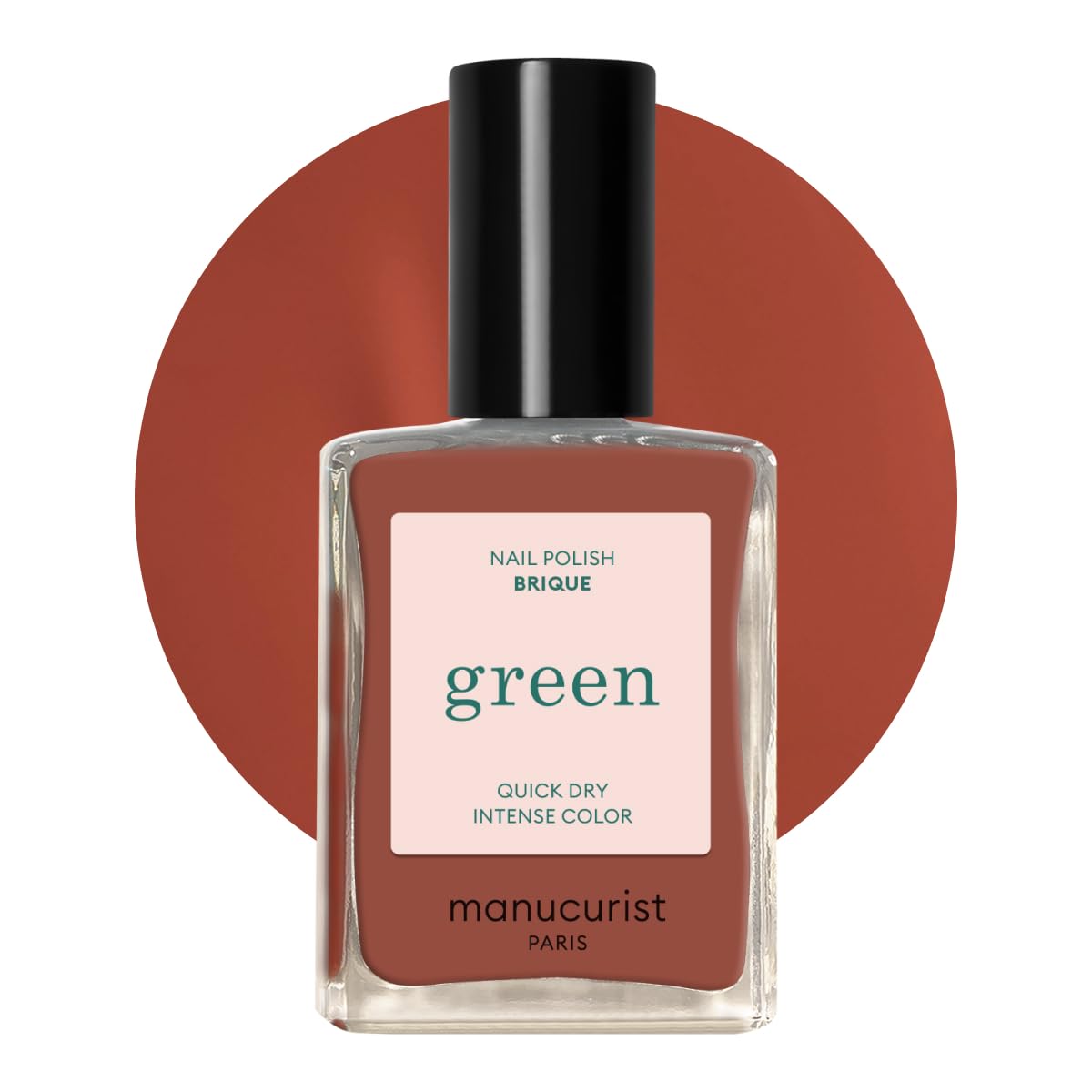 Manucurist Brique front bottle showing brick-red color and sleek packaging benefit: clear shade view