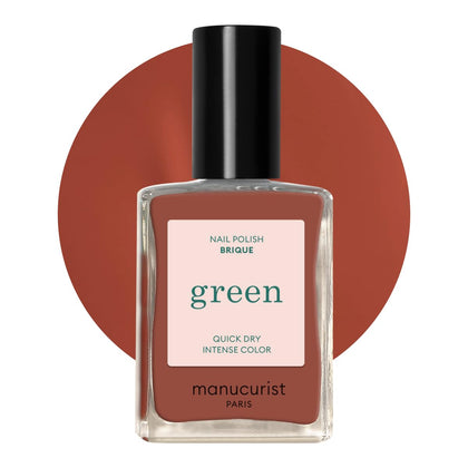 Manucurist Brique front bottle showing brick-red color and sleek packaging benefit: clear shade view