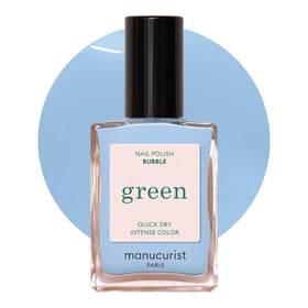Manucurist bottle front view showing Bubble blue pastel and glossy finish benefit