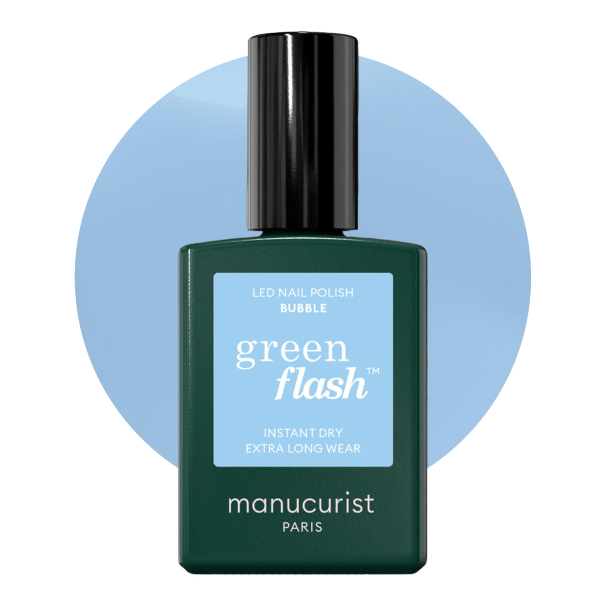 Manucurist Bubble bottle front showing pastel blue gel and brand benefits
