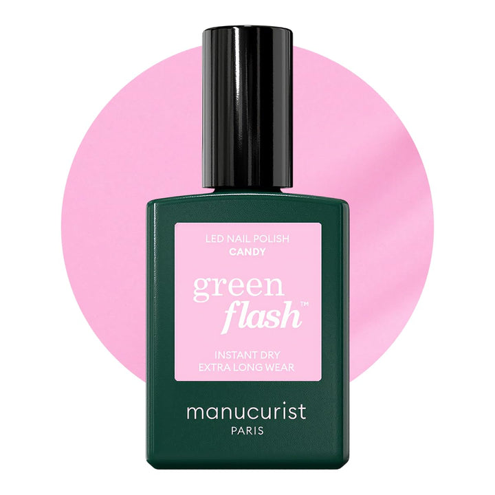 Manucurist bottle front view showing candy neon pink and vegan badge benefit
