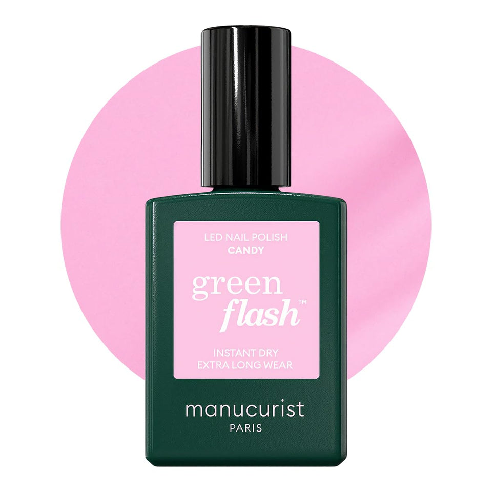 Manucurist bottle front view showing candy neon pink and vegan badge benefit