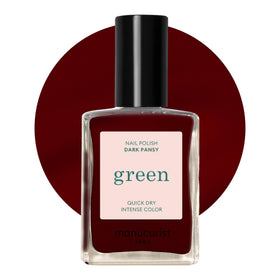 Manucurist front bottle view showing Dark Pansy burgundy shade and glossy finish benefit