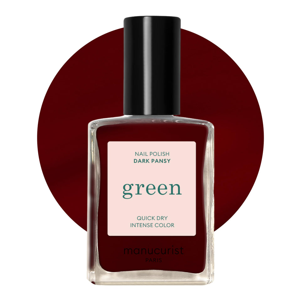 Manucurist front bottle view showing Dark Pansy burgundy shade and glossy finish benefit