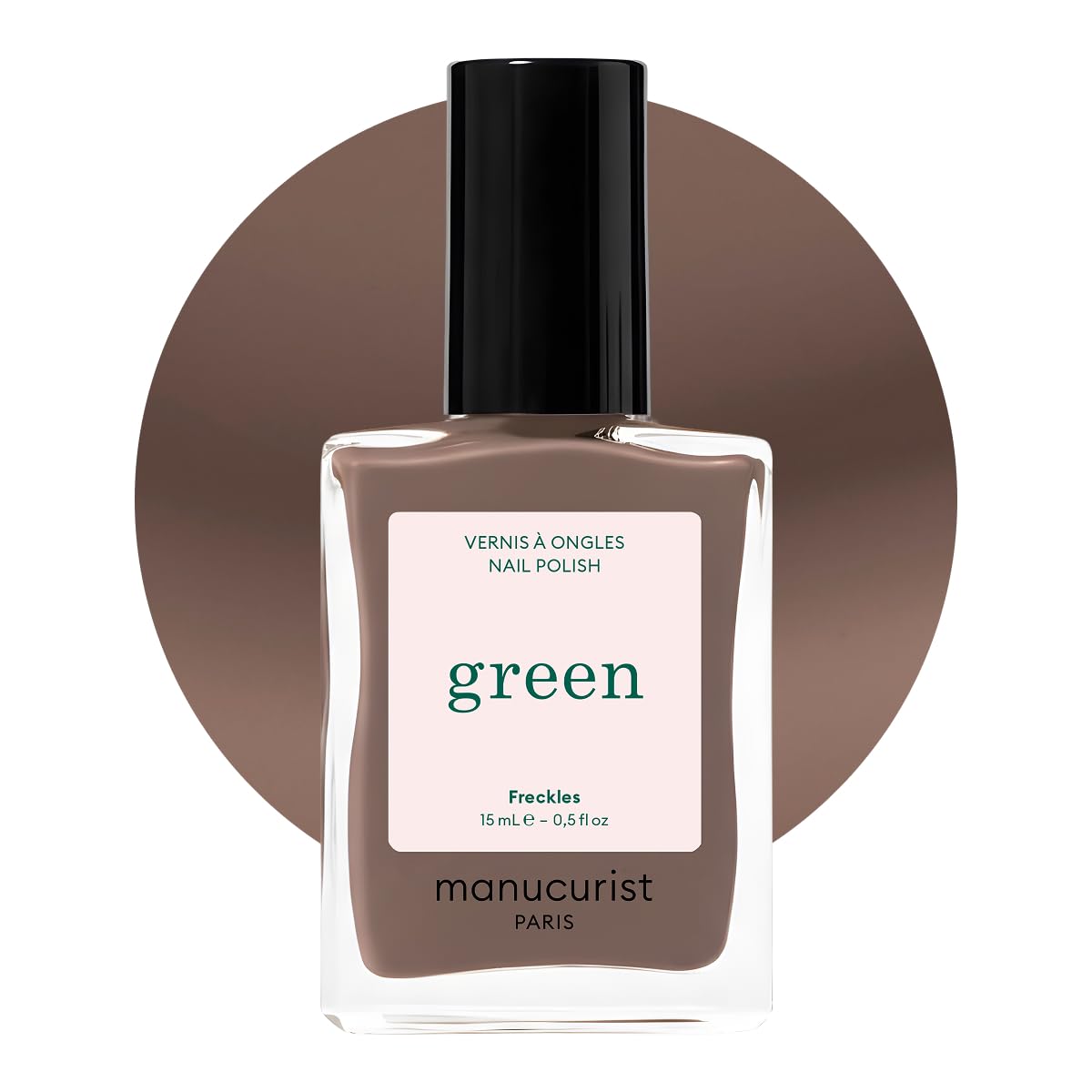 Manucurist front bottle shot showing Freckles brown polish, highlights easy application