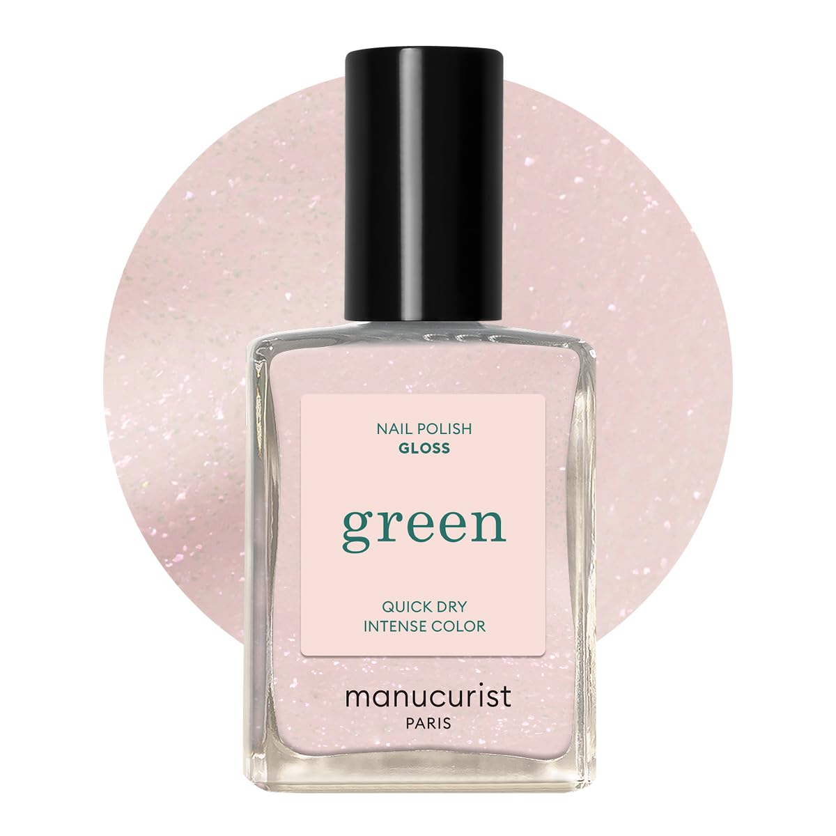 Manucurist front packaging showing iridescent white polish and clear branding for eco benefit