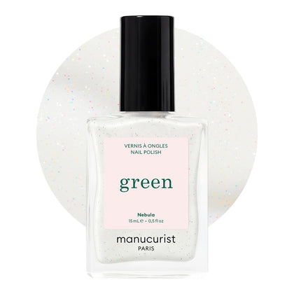 Manucurist Green Nebula front bottle showing pearly holographic white finish
