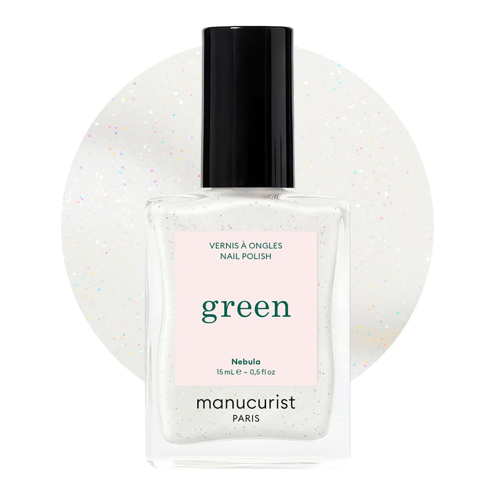 Manucurist Green Nebula front bottle showing pearly holographic white finish