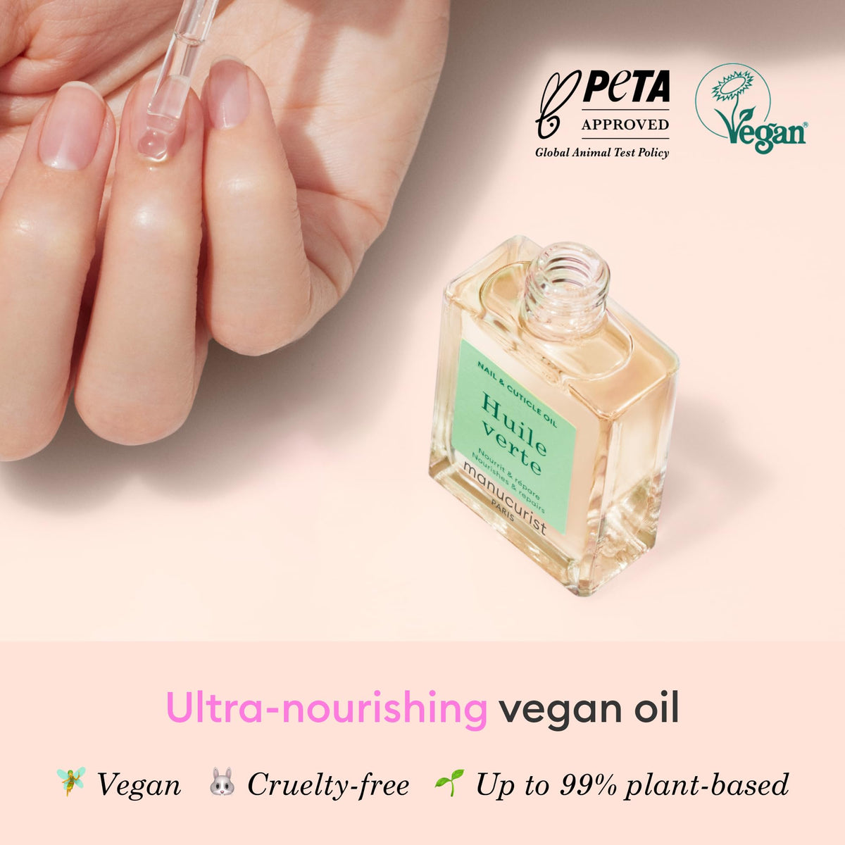 Manucurist Green Oil application on fingers demonstrating softened cuticles benefit