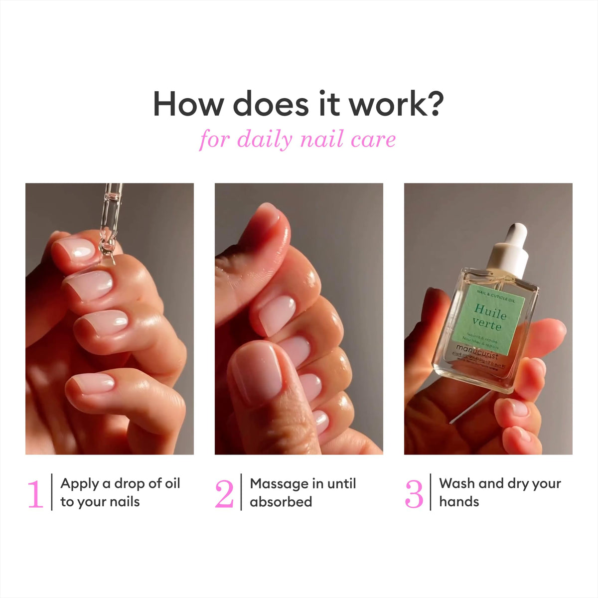 Manucurist Green Oil single droplet on nail illustrating quick absorption benefit