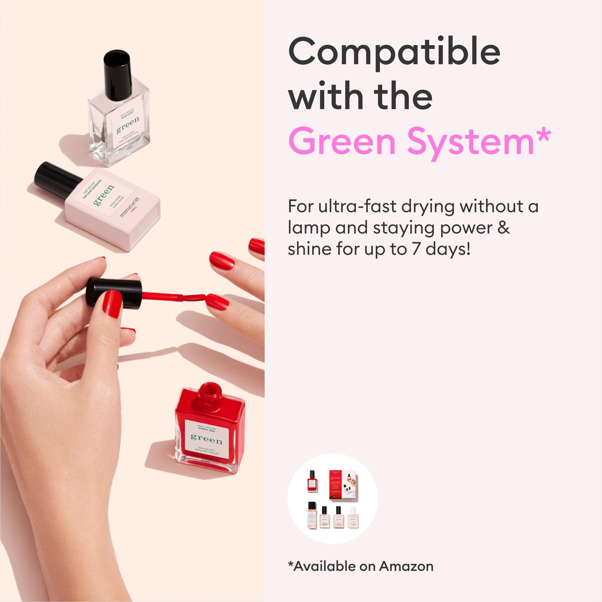 Manucurist bottle in a casual manicure scene showing quick-dry convenience benefit